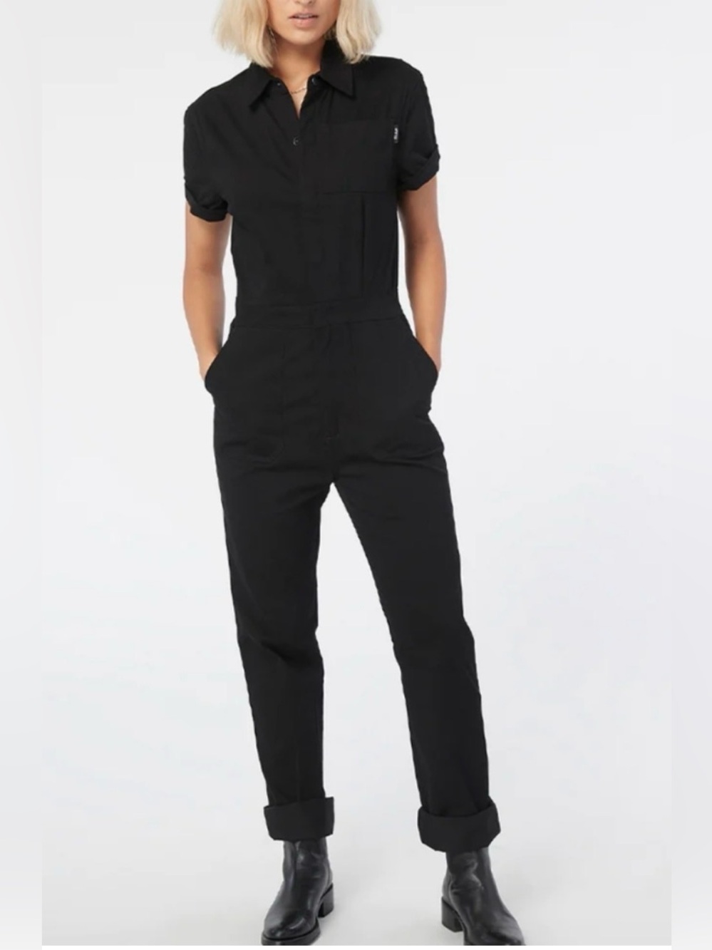 ATWYLD Pit Crew Jumpsuit Black Utility Coveralls Short Sleeve Women’s L USA Chic - Picture 2 of 15